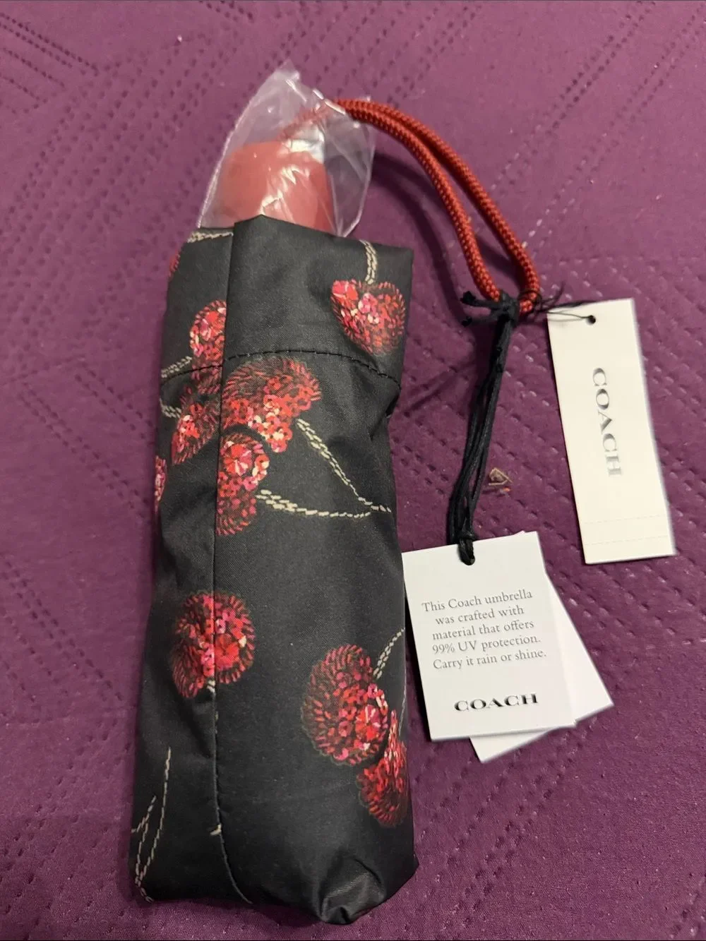 Coach Black Compact Umbrella with Red Cherry Print